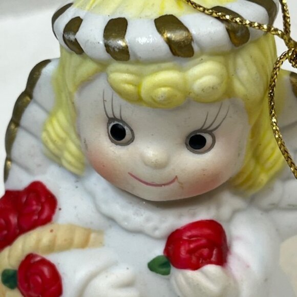 VTG 80's Angel Christmas Bell Tree Ornament Ceramic with Red Roses 2"x3" - Picture 10 of 13
